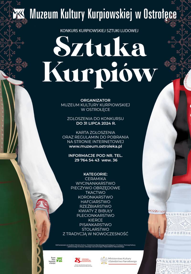 Plakat reklamujący Konkurs Kurpiowskiej Sztuki Ludowej „Sztuka Kurpiów”