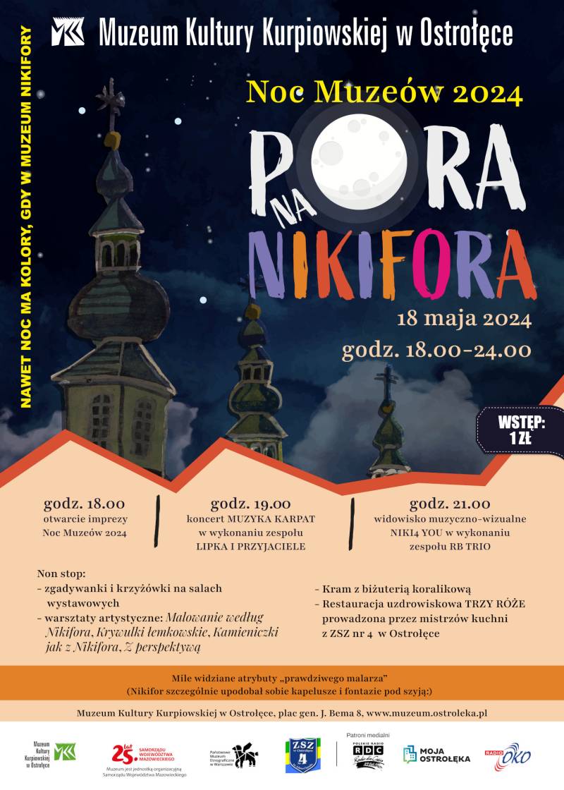 Plakat reklamujący Noc Muzeów pod hasłem „Pora na Nikifora”
