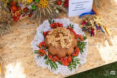 Chleb udekorowany wzorami z ciasta z krzyżem na środku. Chleb leży na koronkowej serwetce, wokół niego dekoracja z jarzębiny.