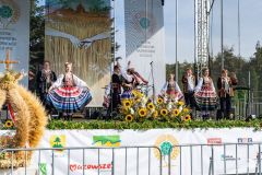 Zespół taneczny w strojach ludowych występuje na scenie plenerowej