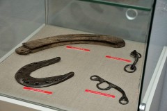 Eksponaty w gablocie, na przykład podkowa