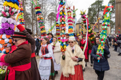 Procesja w Niedzielę Palmową, uczestnicy niosą wysokie palmy.