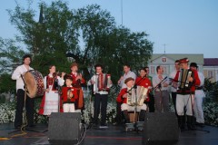 Grupa artystów gra na instrumentach na scenie.