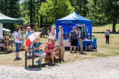 Uczestnicy pikniku stoją lub siedzą na ławeczce, rozmawiają. W tle jeden z namiotów, stoisko biblioteczne z napisem „Lubimy czytać”.  Mężczyzna stojący przy stoisku trzyma akordeon na ramieniu. W tle zieleń, drzewa.