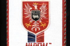 Prostokątny proporczyk MIĘDZYZAKŁADOWY KLUB SPORTOWY „NAREW” OSTROŁĘKA. Na środku herb Ostrołęki