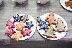 Na dwóch talerzach leżą udekorowane pierniki w różnych kolorach.