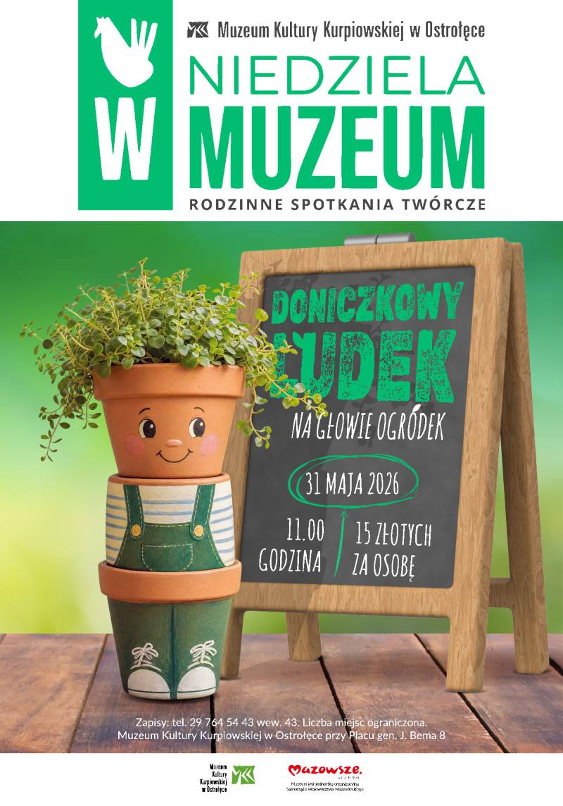 Plakat promujący rodzinne spotkanie twórcze z cyklu Niedziela w Muzeum pod hasłem „Doniczkowy ludek”