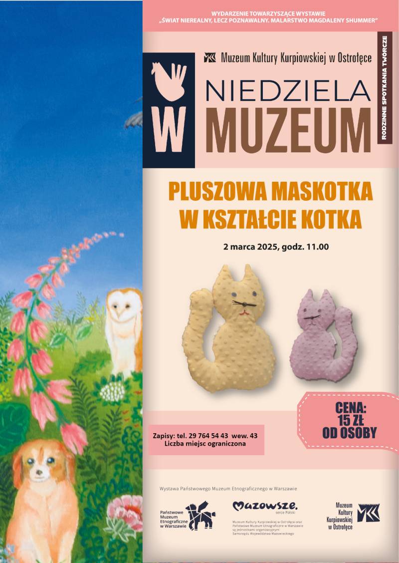 Plakat reklamujący rodzinne spotkanie twórcze z cyklu Niedziela w Muzeum pod hasłem „Pluszowa Maskotka w kształcie kotka”