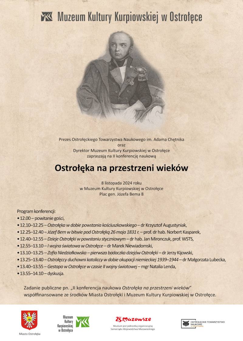 Plakat reklamujący  II konferencję „Ostrołęka na przestrzeni wieków” 