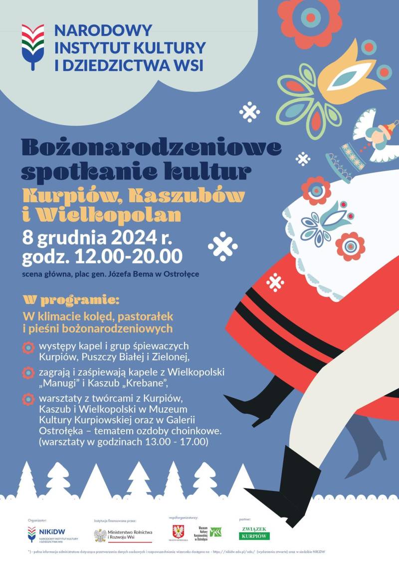 Plakat reklamujący Bożonarodzeniowe spotkanie kultur Kurpiów, Kaszubów i Wielkopolan