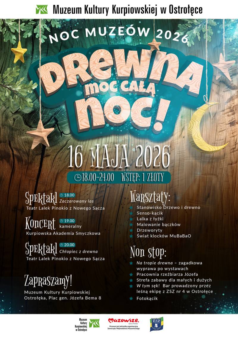 Plakat promujący Noc Muzeów 2026 „Drewna moc całą noc!”.
